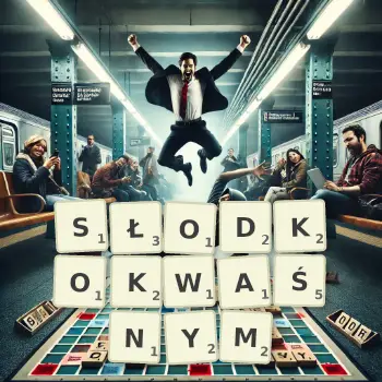 Kreatywna ilustracja do gry w Scrabble ze słowem SŁODKOKWAŚNYM ułożonym z płytek na planszy.