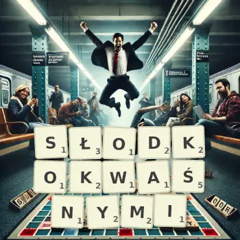 Kreatywna ilustracja do gry w Scrabble ze słowem SŁODKOKWAŚNYMI ułożonym z płytek na planszy.