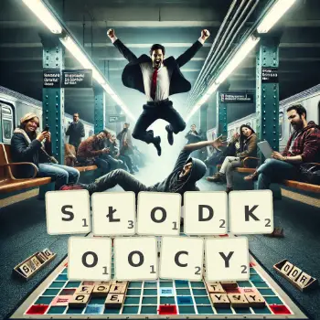 Kreatywna ilustracja do gry w Scrabble ze słowem SŁODKOOCY ułożonym z płytek na planszy.