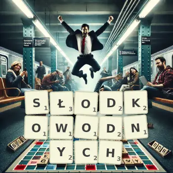 Kreatywna ilustracja do gry w Scrabble ze słowem SŁODKOWODNYCH ułożonym z płytek na planszy.