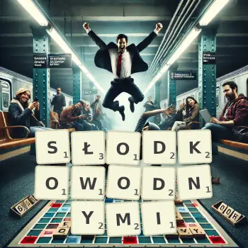 Kreatywna ilustracja do gry w Scrabble ze słowem SŁODKOWODNYMI ułożonym z płytek na planszy.