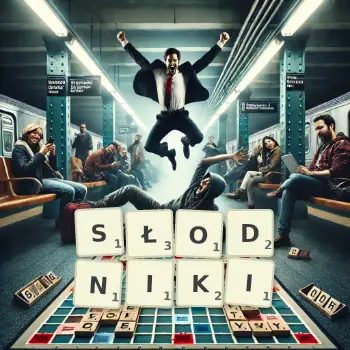 Kreatywna ilustracja do gry w Scrabble ze słowem SŁODNIKI ułożonym z płytek na planszy.