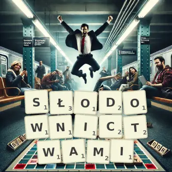 Kreatywna ilustracja do gry w Scrabble ze słowem SŁODOWNICTWAMI ułożonym z płytek na planszy.