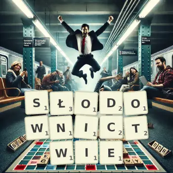 Kreatywna ilustracja do gry w Scrabble ze słowem SŁODOWNICTWIE ułożonym z płytek na planszy.