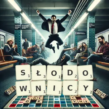 Kreatywna ilustracja do gry w Scrabble ze słowem SŁODOWNICY ułożonym z płytek na planszy.