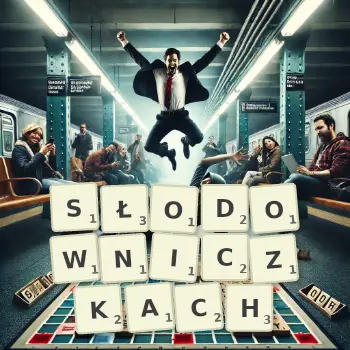 Kreatywna ilustracja do gry w Scrabble ze słowem SŁODOWNICZKACH ułożonym z płytek na planszy.