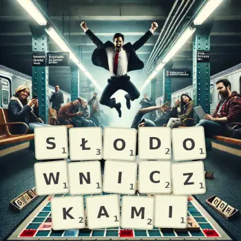 Kreatywna ilustracja do gry w Scrabble ze słowem SŁODOWNICZKAMI ułożonym z płytek na planszy.