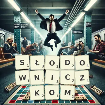 Kreatywna ilustracja do gry w Scrabble ze słowem SŁODOWNICZKOM ułożonym z płytek na planszy.