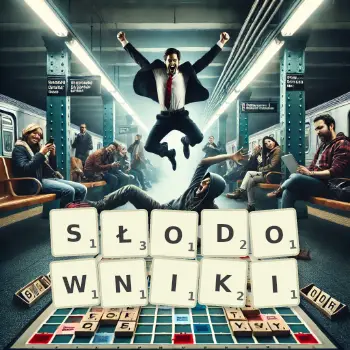 Kreatywna ilustracja do gry w Scrabble ze słowem SŁODOWNIKI ułożonym z płytek na planszy.