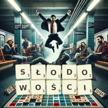 Kreatywna ilustracja do gry w Scrabble ze słowem SŁODOWOŚCI ułożonym z płytek na planszy.