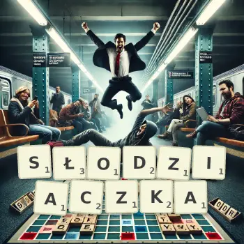 Kreatywna ilustracja do gry w Scrabble ze słowem SŁODZIACZKA ułożonym z płytek na planszy.