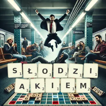 Kreatywna ilustracja do gry w Scrabble ze słowem SŁODZIAKIEM ułożonym z płytek na planszy.