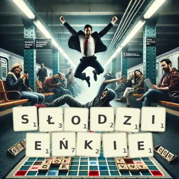 Kreatywna ilustracja do gry w Scrabble ze słowem SŁODZIEŃKIE ułożonym z płytek na planszy.