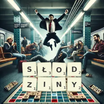 Kreatywna ilustracja do gry w Scrabble ze słowem SŁODZINY ułożonym z płytek na planszy.