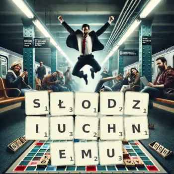 Kreatywna ilustracja do gry w Scrabble ze słowem SŁODZIUCHNEMU ułożonym z płytek na planszy.