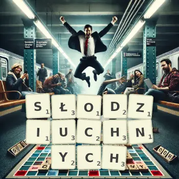 Kreatywna ilustracja do gry w Scrabble ze słowem SŁODZIUCHNYCH ułożonym z płytek na planszy.