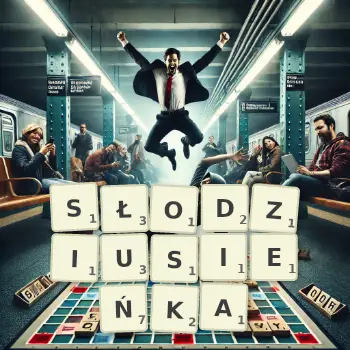 Kreatywna ilustracja do gry w Scrabble ze słowem SŁODZIUSIEŃKA ułożonym z płytek na planszy.