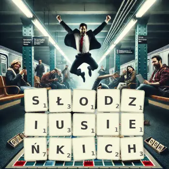 Kreatywna ilustracja do gry w Scrabble ze słowem SŁODZIUSIEŃKICH ułożonym z płytek na planszy.