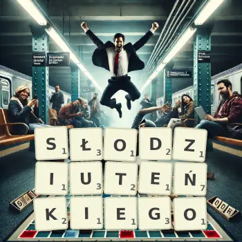 Kreatywna ilustracja do gry w Scrabble ze słowem SŁODZIUTEŃKIEGO ułożonym z płytek na planszy.