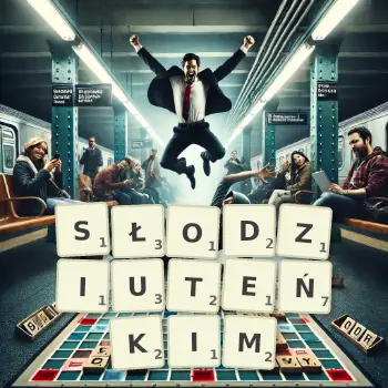 Kreatywna ilustracja do gry w Scrabble ze słowem SŁODZIUTEŃKIM ułożonym z płytek na planszy.