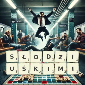 Kreatywna ilustracja do gry w Scrabble ze słowem SŁODZIUŚKIMI ułożonym z płytek na planszy.