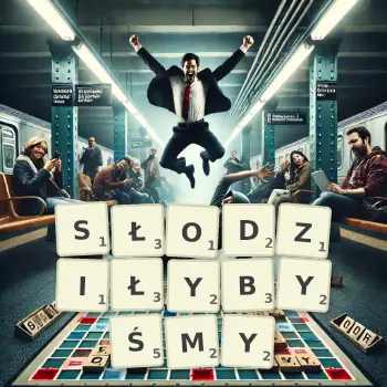 Kreatywna ilustracja do gry w Scrabble ze słowem SŁODZIŁYBYŚMY ułożonym z płytek na planszy.