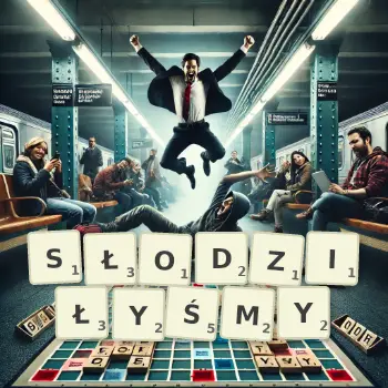 Kreatywna ilustracja do gry w Scrabble ze słowem SŁODZIŁYŚMY ułożonym z płytek na planszy.