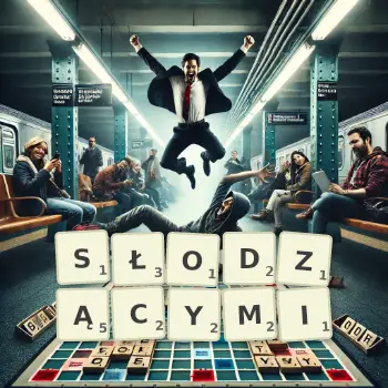 Kreatywna ilustracja do gry w Scrabble ze słowem SŁODZĄCYMI ułożonym z płytek na planszy.