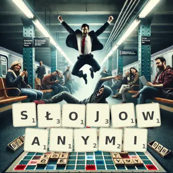 Kreatywna ilustracja do gry w Scrabble ze słowem SŁOJOWANYMI ułożonym z płytek na planszy.