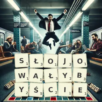Kreatywna ilustracja do gry w Scrabble ze słowem SŁOJOWAŁYBYŚCIE ułożonym z płytek na planszy.