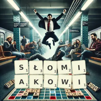 Kreatywna ilustracja do gry w Scrabble ze słowem SŁOMIAKOWI ułożonym z płytek na planszy.
