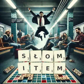 Kreatywna ilustracja do gry w Scrabble ze słowem SŁOMITEM ułożonym z płytek na planszy.