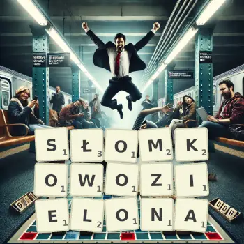 Kreatywna ilustracja do gry w Scrabble ze słowem SŁOMKOWOZIELONA ułożonym z płytek na planszy.