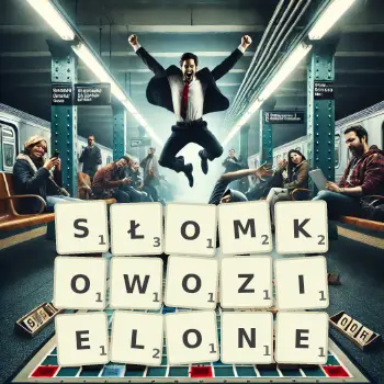 Kreatywna ilustracja do gry w Scrabble ze słowem SŁOMKOWOZIELONE ułożonym z płytek na planszy.