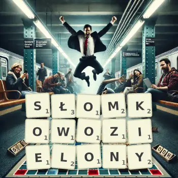 Kreatywna ilustracja do gry w Scrabble ze słowem SŁOMKOWOZIELONY ułożonym z płytek na planszy.