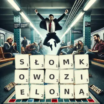Kreatywna ilustracja do gry w Scrabble ze słowem SŁOMKOWOZIELONĄ ułożonym z płytek na planszy.