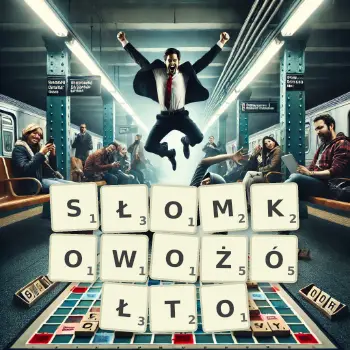 Kreatywna ilustracja do gry w Scrabble ze słowem SŁOMKOWOŻÓŁTO ułożonym z płytek na planszy.