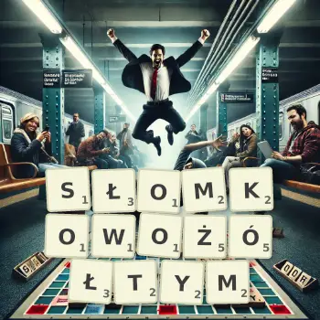 Kreatywna ilustracja do gry w Scrabble ze słowem SŁOMKOWOŻÓŁTYM ułożonym z płytek na planszy.