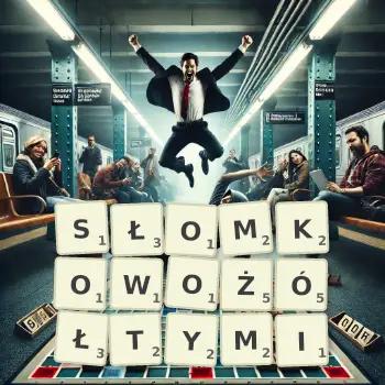 Kreatywna ilustracja do gry w Scrabble ze słowem SŁOMKOWOŻÓŁTYMI ułożonym z płytek na planszy.