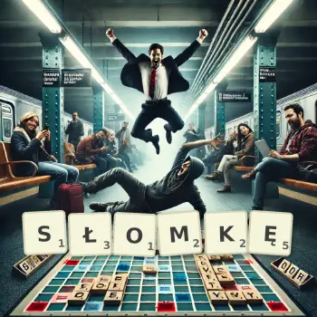 Kreatywna ilustracja do gry w Scrabble ze słowem SŁOMKĘ ułożonym z płytek na planszy.