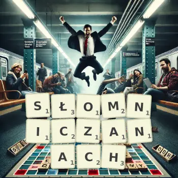 Kreatywna ilustracja do gry w Scrabble ze słowem SŁOMNICZANACH ułożonym z płytek na planszy.