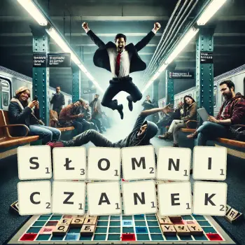 Kreatywna ilustracja do gry w Scrabble ze słowem SŁOMNICZANEK ułożonym z płytek na planszy.
