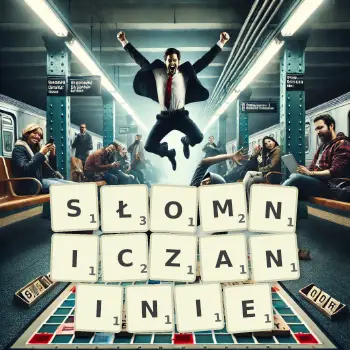 Kreatywna ilustracja do gry w Scrabble ze słowem SŁOMNICZANINIE ułożonym z płytek na planszy.
