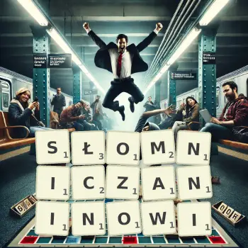 Kreatywna ilustracja do gry w Scrabble ze słowem SŁOMNICZANINOWI ułożonym z płytek na planszy.