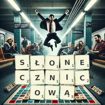 Kreatywna ilustracja do gry w Scrabble ze słowem SŁONECZNICOWĄ ułożonym z płytek na planszy.