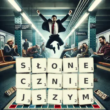 Kreatywna ilustracja do gry w Scrabble ze słowem SŁONECZNIEJSZYM ułożonym z płytek na planszy.