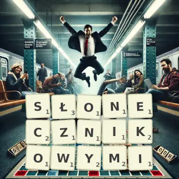 Kreatywna ilustracja do gry w Scrabble ze słowem SŁONECZNIKOWYMI ułożonym z płytek na planszy.