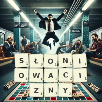 Kreatywna ilustracja do gry w Scrabble ze słowem SŁONIOWACIZNY ułożonym z płytek na planszy.