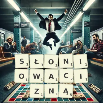 Kreatywna ilustracja do gry w Scrabble ze słowem SŁONIOWACIZNĄ ułożonym z płytek na planszy.