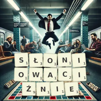Kreatywna ilustracja do gry w Scrabble ze słowem SŁONIOWACIŹNIE ułożonym z płytek na planszy.